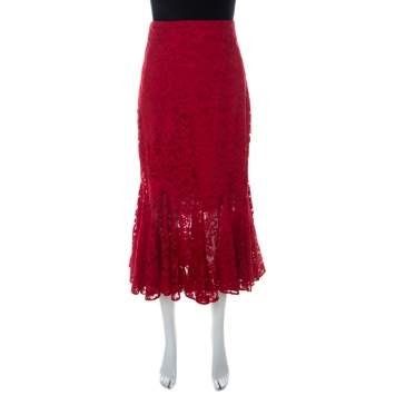 Pre Owned Dolce & Gabbana Red Lace Ruffled Skirt S