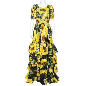 Pre Owned Dolce & Gabbana Sartoria Black Sunflower Printed Silk Embellished Dress M