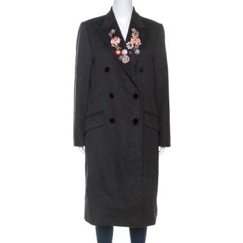 Pre Owned Dolce & Gabbana Dark Grey Wool Crystal Embellished Long Coat M
