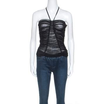 Pre Owned Dolce & Gabbana Black Stretch Tulle Ruched Corset Top M