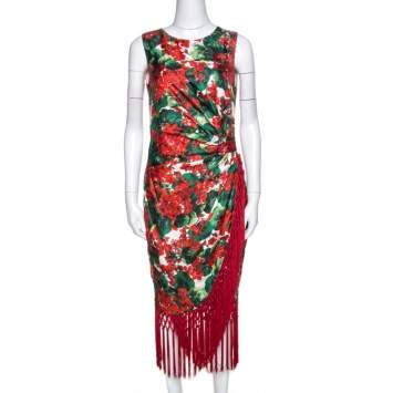 Pre Owned Dolce & Gabbana Multicolor Floral Print Silk Tasseled Faille Dress M