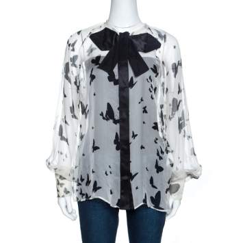 Pre Owned D&G Bicolor Butterfly Print Sheer Silk Bow Detail Blouse M