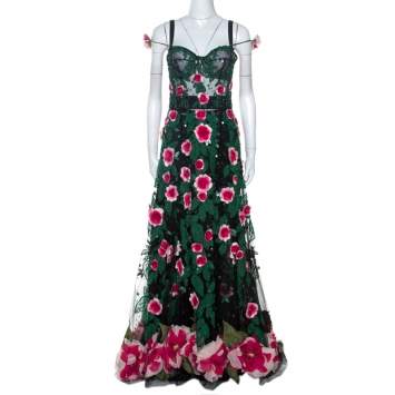 Pre Owned Dolce & Gabbana Black Floral Applique Embellished Tulle Corset Gown M