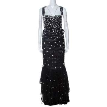 Pre Owned Dolce & Gabbana Black Embellished Mesh Ruffle Detail Tiered Dress L
