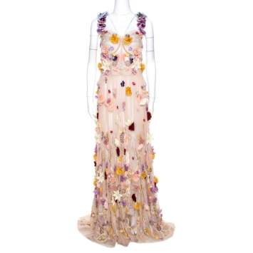 Pre Owned Dolce & Gabbana Pale Pink Embellished Floral Applique Tulle Corset Dress M