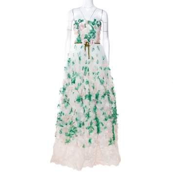 Pre Owned Dolce & Gabbana White Floral Applique Tulle Strapless Gown  M