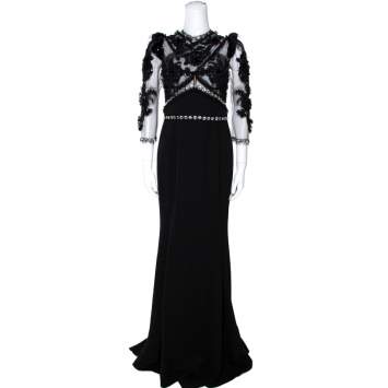 Pre Owned Dolce & Gabbana Black Crystal Embellished Sheer Tulle Paneled Gown M