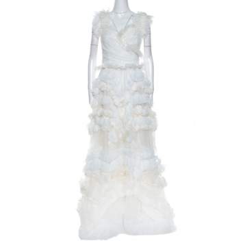 Pre Owned Dolce & Gabbana Off White Silk Feather Trim Ruffle Detail Gown M