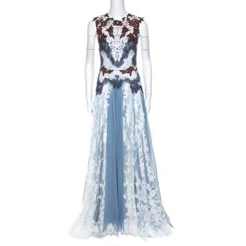 Pre Owned Dolce & Gabbana Powder Blue Silk and Lace Paneled Sleeveless Gown S