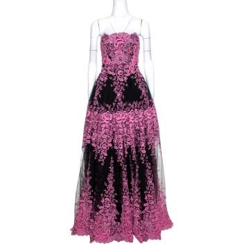 Pre Owned Dolce & Gabbana Bicolor Floral Embroidered Tulle Strapless Corset Gown S