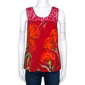 Pre Owned Dolce & Gabbana Red Floral Printed Crepe & Lace Trim Sleeveless Top S