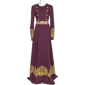 Pre Owned Dolce & Gabbana Bordeaux Stretch Crepe Lurex Lace Trim Gown M