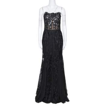 Pre Owned Dolce & Gabbana Black Floral Lace Bustier Detail Strapless Gown M