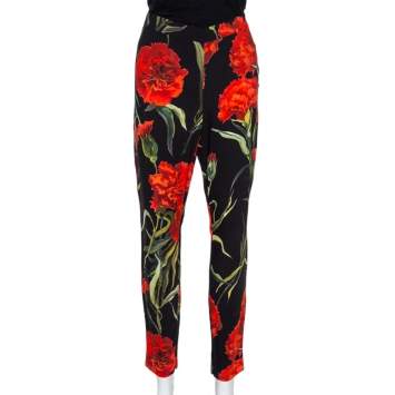 Pre Owned Dolce & Gabbana Black & Red Floral Printed Tapered Trousers M