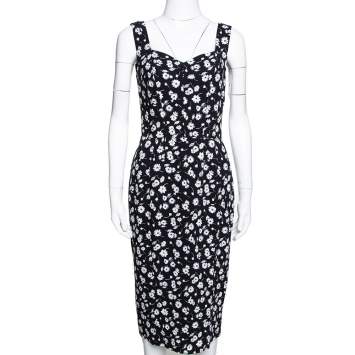 Pre Owned Dolce & Gabbana Monochrome Floral Printed Crepe Sleeveless Sheath Dress M 