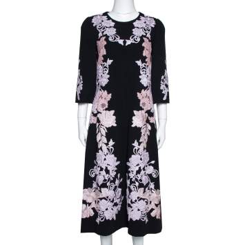 مملوكة مسبقًا Dolce & Gabbana Black Crepe Floral Lace Appliqued Midi Dress M