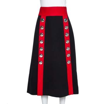 Pre Owned Dolce & Gabbana Black and Red Stretch Wool Button Detail Midi Skirt S