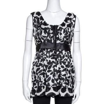 Pre Owned Dolce & Gabbana Monochrome Leaf Print Silk Ruffled Top M