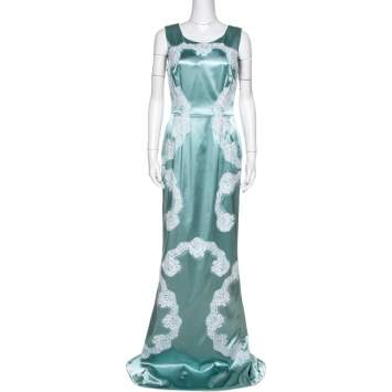 Pre Owned Dolce & Gabbana Light Blue Satin Lace Trim Gown L