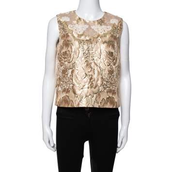 Pre Owned Dolce & Gabbana Gold Floral Brocade Lace Trim Blouse M