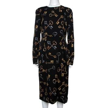 Pre Owned Dolce & Gabbana Black Keys Print Silk Long Sleeve Sheath Dress L
