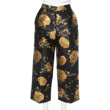 Pre Owned Dolce & Gabbana Black & Gold Floral Jacquard Cropped Trousers M