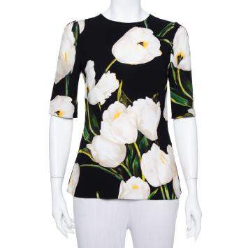 Pre Owned Dolce & Gabbana  Black Floral Printed Crepe Three Quarter Sleeve Top S