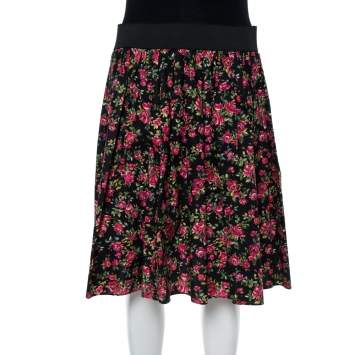 Pre Owned Dolce & Gabbana Black Floral Printed Cotton Flared Skirt M
