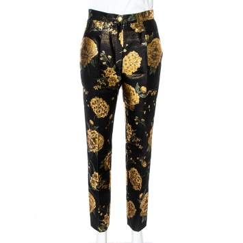 Pre Owned Dolce & Gabbana Black/Gold Floral Jacquard Straight Leg Trousers S