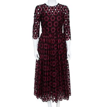 Pre Owned Dolce & Gabbana Black & Maroon Floral Lace Applique Midi Dress M