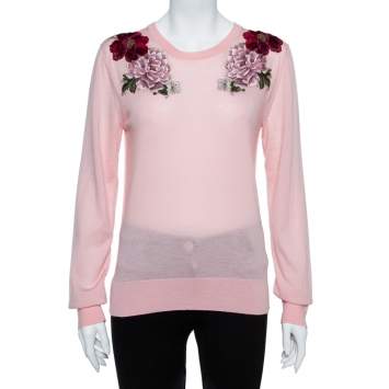 Pre Owned Dolce & Gabbana Pink Rose Applique Cashmere Pullover L
