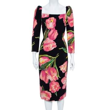 Pre Owned Dolce & Gabbana Black/Pink Nylon Blend Tulip Print Fitted Dress L