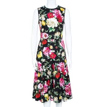 Pre Owned Dolce & Gabbana Black Stretch Cotton Floral Print Flared Dress M