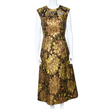 Pre Owned Dolce & Gabbana Gold Floral Jacquard Royal Embellished Midi Dress M