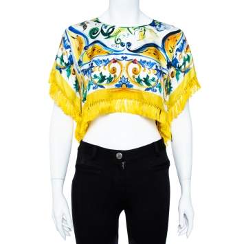 Pre Owned Dolce & Gabbana Yellow Majolica Print Silk Fringed Crop Top S
