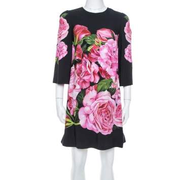 Pre Owned Dolce & Gabbana Black Rose Print Crepe Shift Dress S