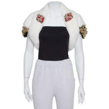Pre Owned Dolce & Gabbana White Fur Stone & Sequin Embellished Open Front Crop Jacket S