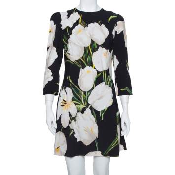Pre Owned Dolce & Gabbana Black Printed Crepe Sheath Dress XL