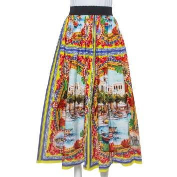 Pre Owned Dolce & Gabbana Multicolor Sicilian Postcard Printed Cotton Midi Skirt S