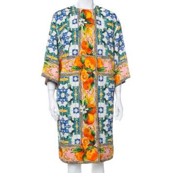 Pre Owned Dolce & Gabbana Multicolor Majolica Printed Textured Cotton Double Breasted Light Weight Coat L