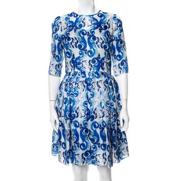 Pre Owned Dolce & Gabbana White Majolica Printed Silk Flared Mini Dress M