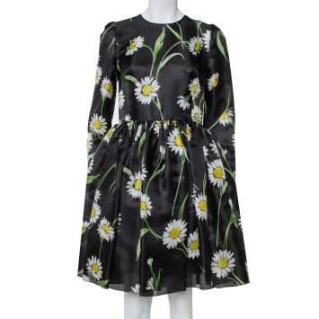 Pre Owned Dolce & Gabbana Black Sunflower Printed Silk Flared Dress M