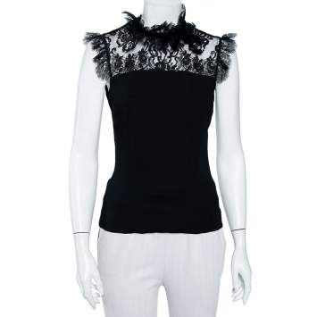 Pre Owned D&G Black Lace & Crepe Paneled Bow Detail Sleeveless Top M