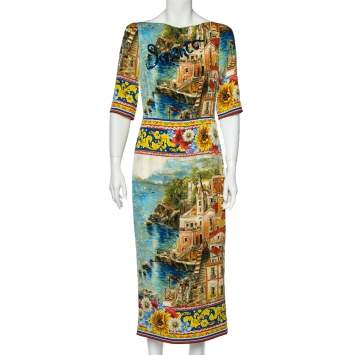 Pre Owned Dolce & Gabbana Printed Silk Sorrento Embellished Charmeuse Dress M