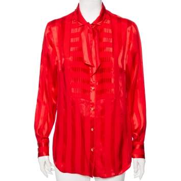 Pre Owned Dolce & Gabbana Red Striped Silk Neck Scarf Detail Button Front Shirt M