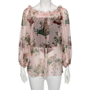 Pre Owned Dolce & Gabbana Pink Cat Print Silk Ruffle Detailed Off-Shoulder Blouse M