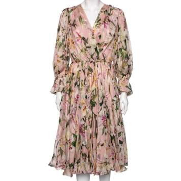 Pre Owned Dolce & Gabbana Pink Lily Printed Silk Gathered Midi Dress M