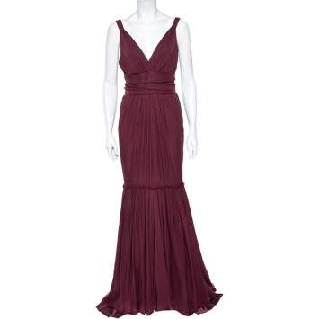 Pre Owned Dolce & Gabbana Burgundy Silk Tiered Maxi Dress M