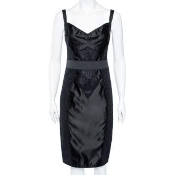Pre Owned Dolce & Gabbana Black Satin & Lace Paneled Bustier Bodycon Dress M
