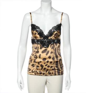 Pre Owned Dolce & Gabbana Brown Animal Printed Satin & Lace Paneled Camisole M